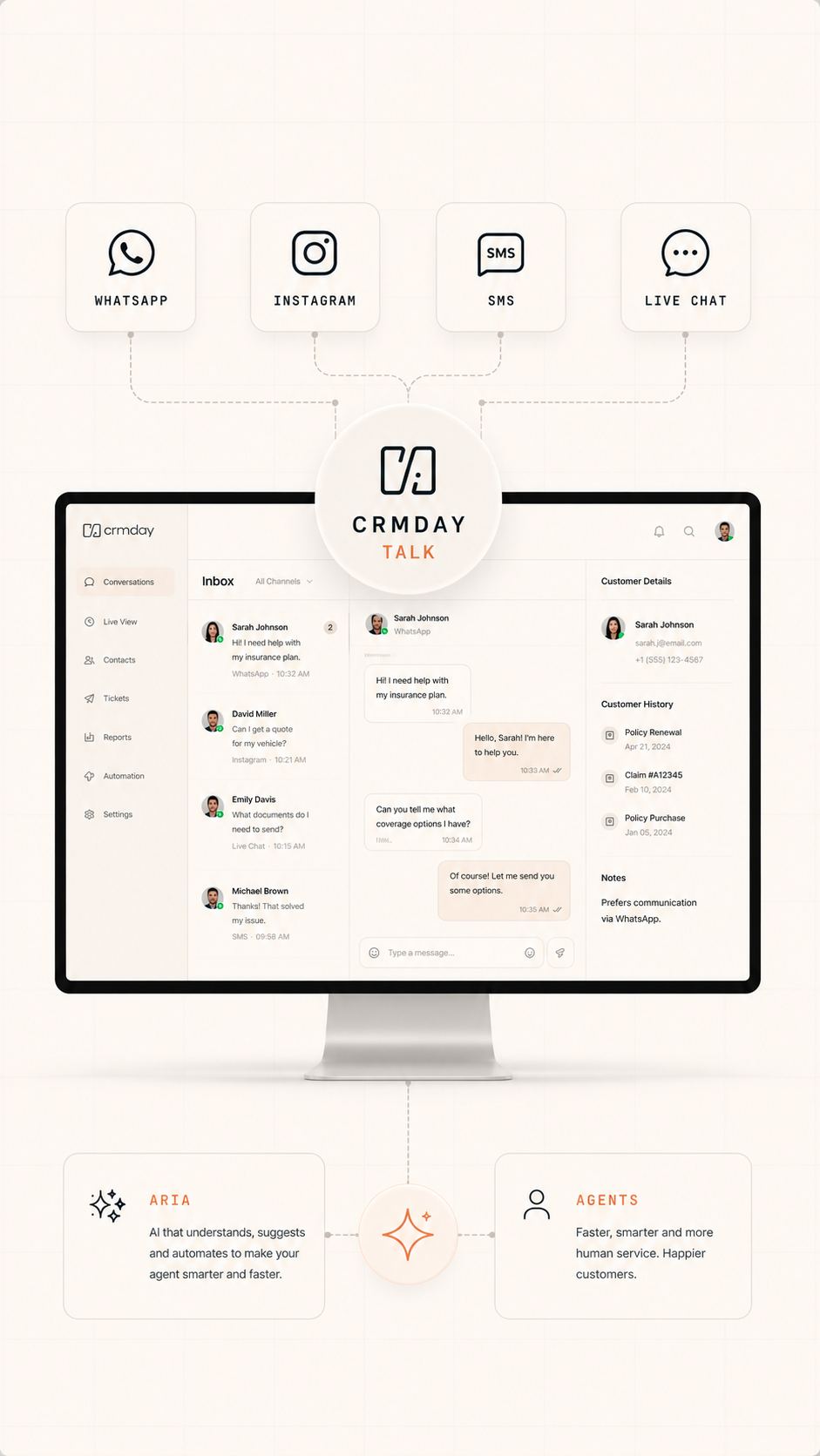 Tela do CRMDAY Talk reunindo WhatsApp, SMS, Instagram e chat do site